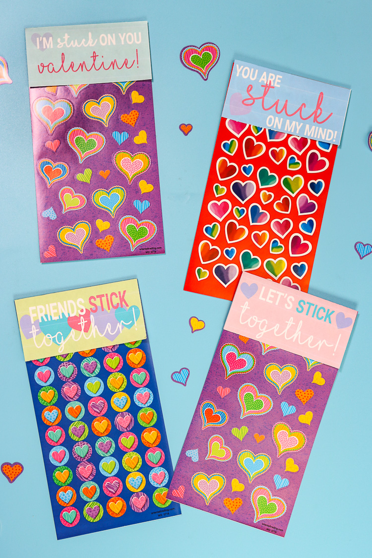 Sticker Sheets with Free Printable Paper toppers to make them Valentine Cards