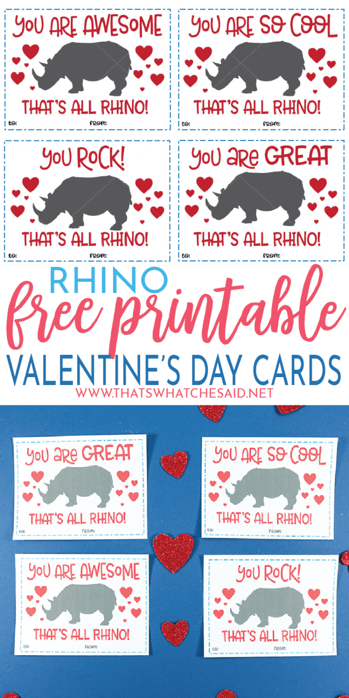 Grab these Free Valentine's Day Cards - Rhino Edition! They are fun to give, fun to receive and SO EASY to make! No extras required! #freeprintablevalentines #valentinescards #valentinesday