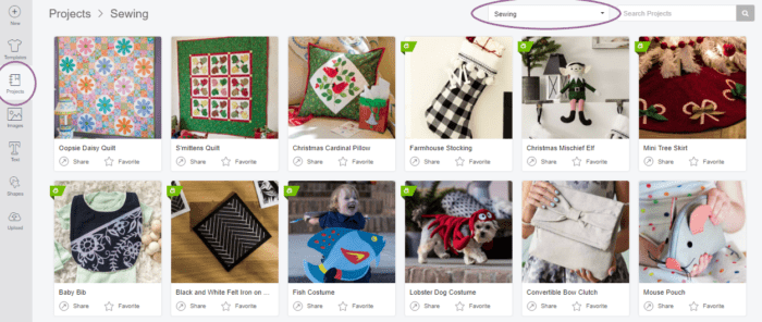 Screenshot of how to locate sewing projects within Cricut Design Space
