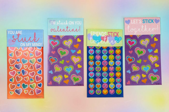 Sticker Sheets with Free Printable Paper toppers to make them Valentine Cards