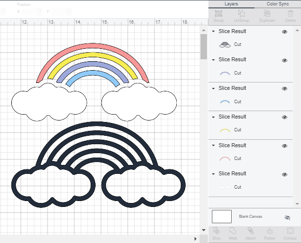 Screenshot of Sliced layers separated in Cricut Design Space