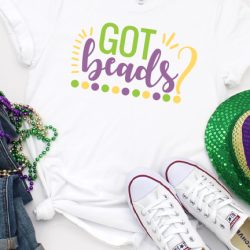 White Shirt with SVG Design of Got Beads? with Glitter iron on