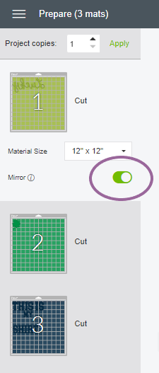 Screenshot of where to turn on the Mirror in Cricut Design Space