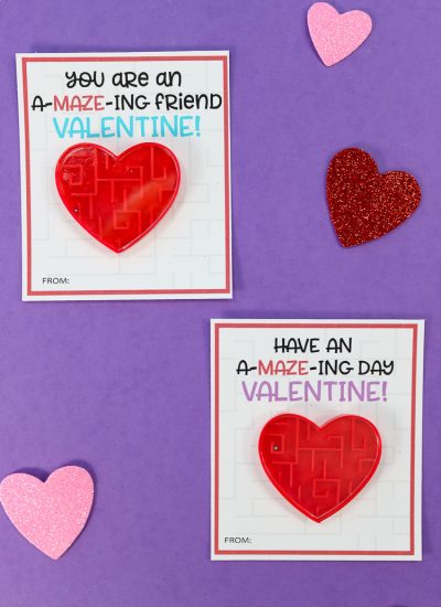 Purple Background with Maze printables with heart shaped maze toyas attached