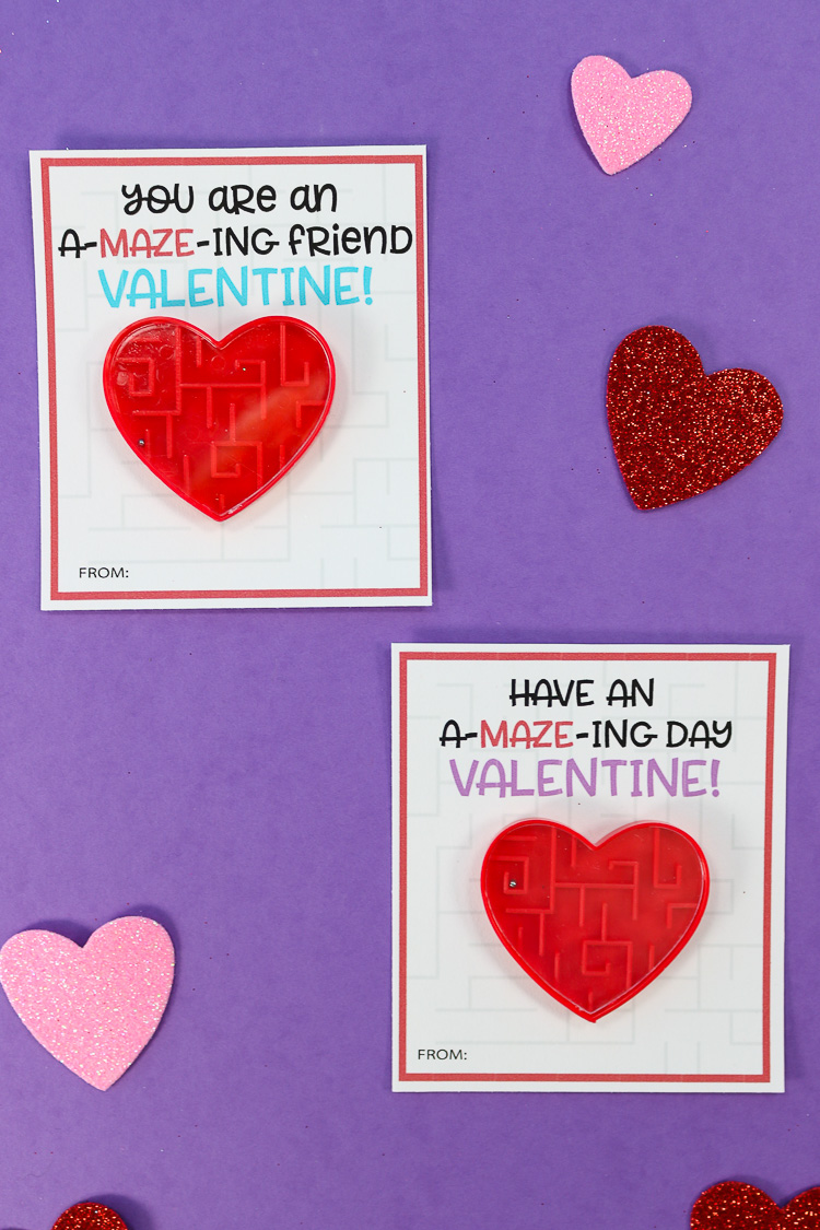 Purple Background with Maze printables with heart shaped maze toyas attached