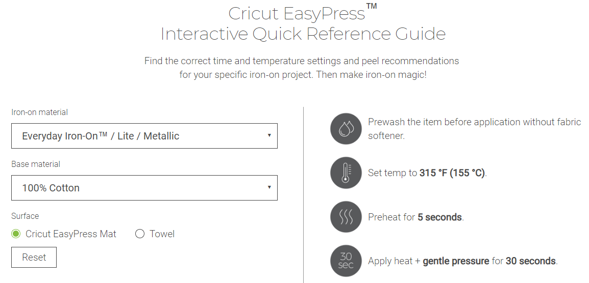 Screenshot of Cricut Recommended EasyPress Settings