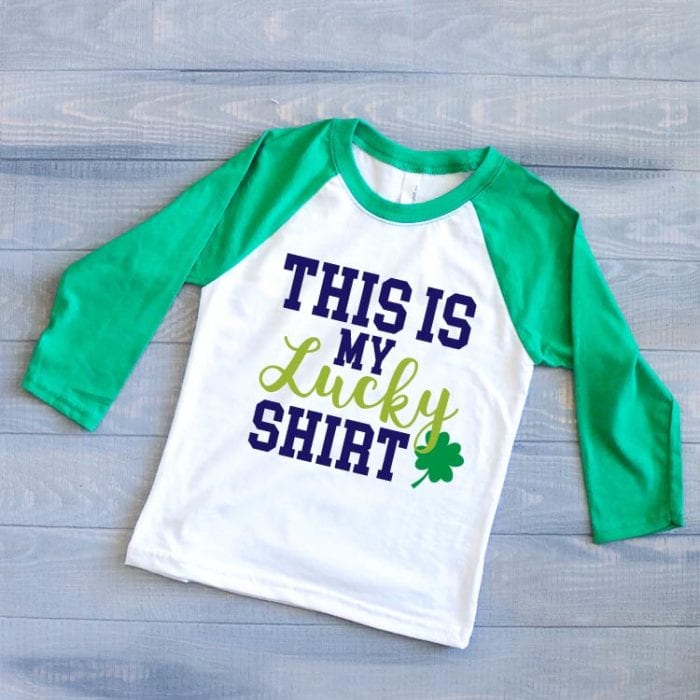 Kid's Green & White Raglan with the St. Patrick's day SVG "This is my Lucky Shirt"