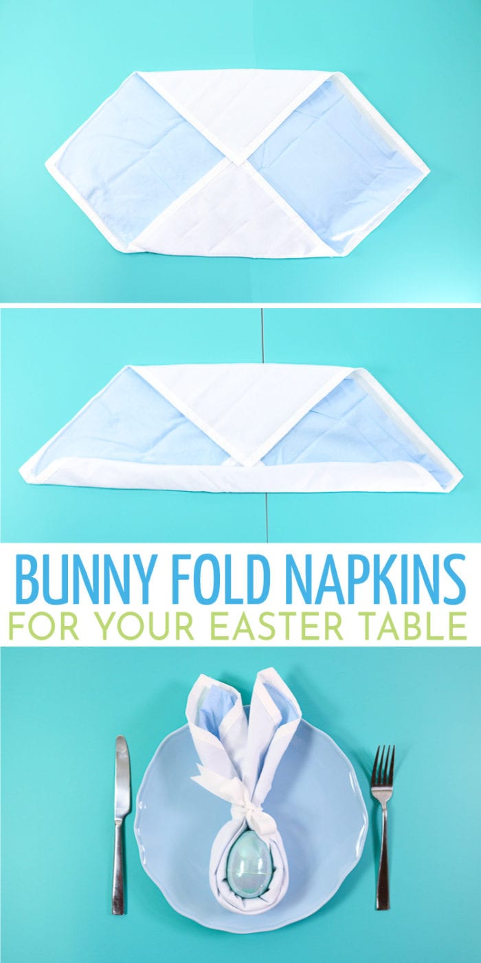 Napkins that are folded into Bunny Shapes that are perfect for your Easter Place Settings at your Easter Table.