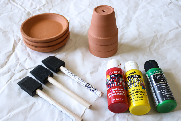 Clay Pots, Drip Dishes and Acrylic paint with foam brushes
