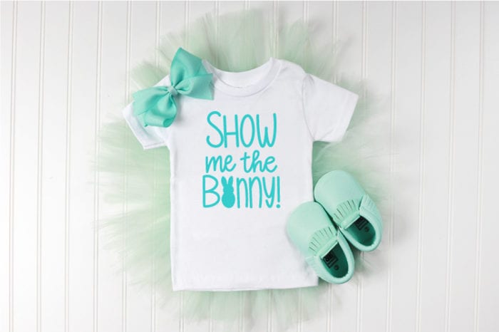 Mint Tutu with Mint bow and mocassin shoes and white shirt with Show Me the Bunny SVG design on white background