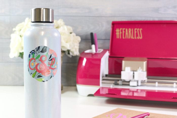 Custom Water Bottle made with Layered Patterned Vinyl and the Cricut Explore Air 2 Wild Rose Edition