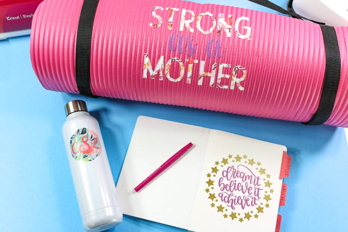 Custom Yoga Mat, DIY Journal and Layered Monogram Water bottle made with the Cricut Explore Air 2 Wild Rose Bundle. 