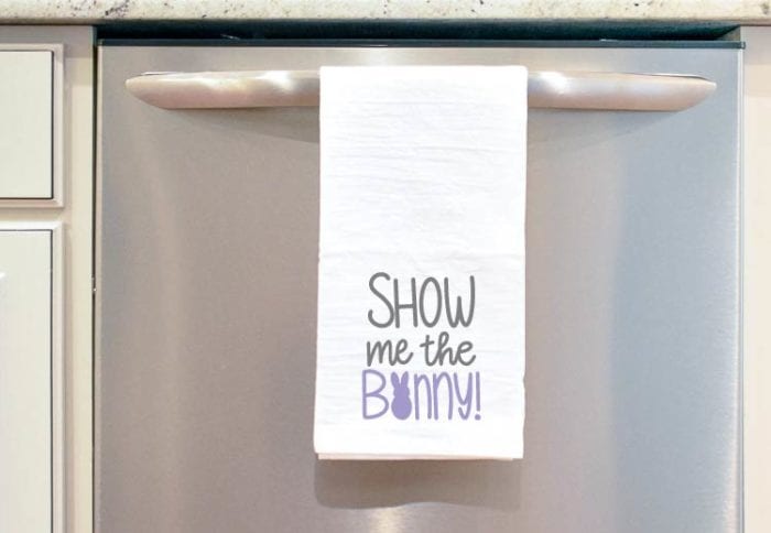 tea towel on dishwaser with show me the bunny svg design