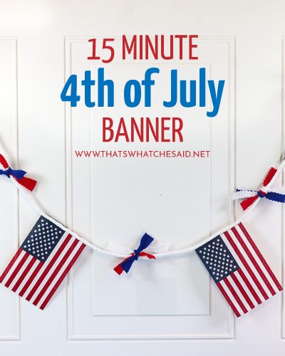 Patriotic Banner for 4th of July. Small American Flags with Red White and Blue Ribbons in between