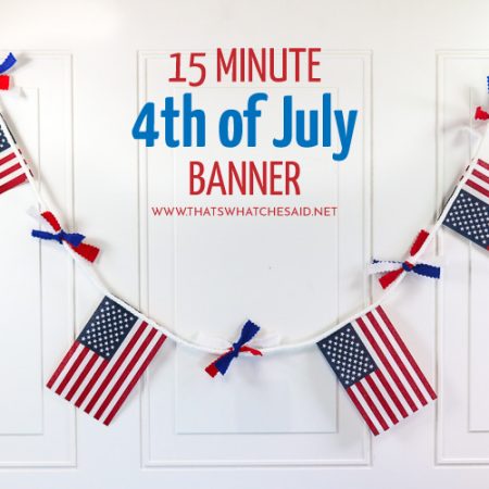 Patriotic Banner for 4th of July. Small American Flags with Red White and Blue Ribbons in between