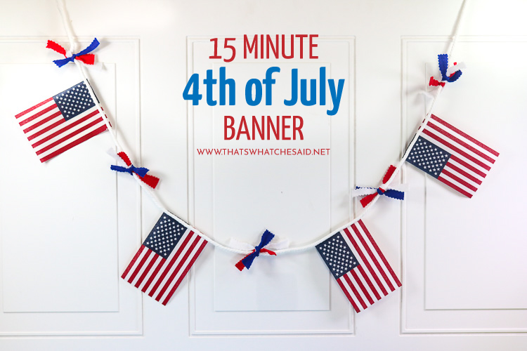 Patriotic Banner for 4th of July. Small American Flags with Red White and Blue Ribbons in between