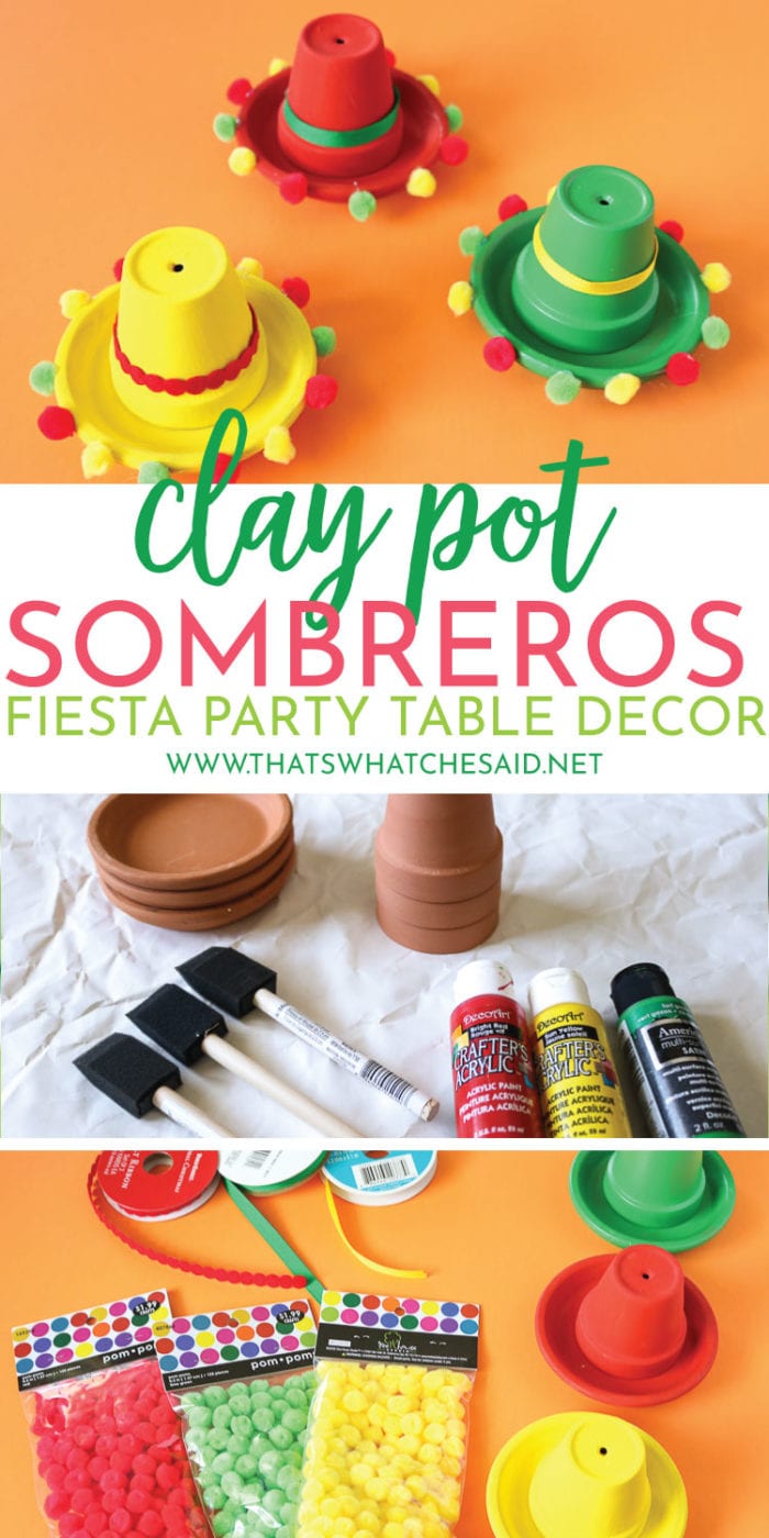 Turn ordinary clay pots and drip pans into cute and festive sombreros perfect for table decor or to use to label your food buffet or taco bar! #easycraft #fiesta #decorations