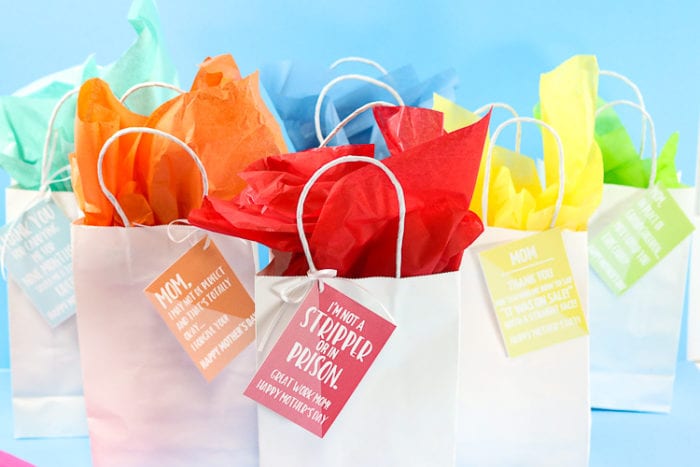 White Gift bags with colored funny Mother's Day Gift cards. Bags have coordinating tissue paper to match the gift tags