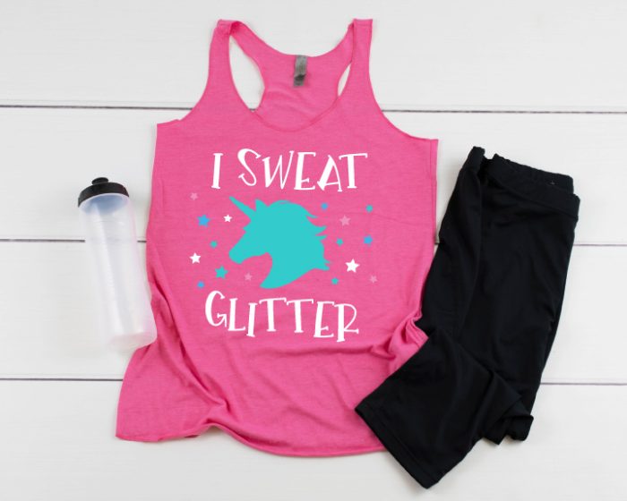 Workout gear with "I Sweat Unicorn Glitter" Design on a racerback workout tank! 