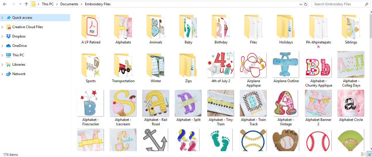 Screenshot of my embroidery folder on my laptop full of embroidery files