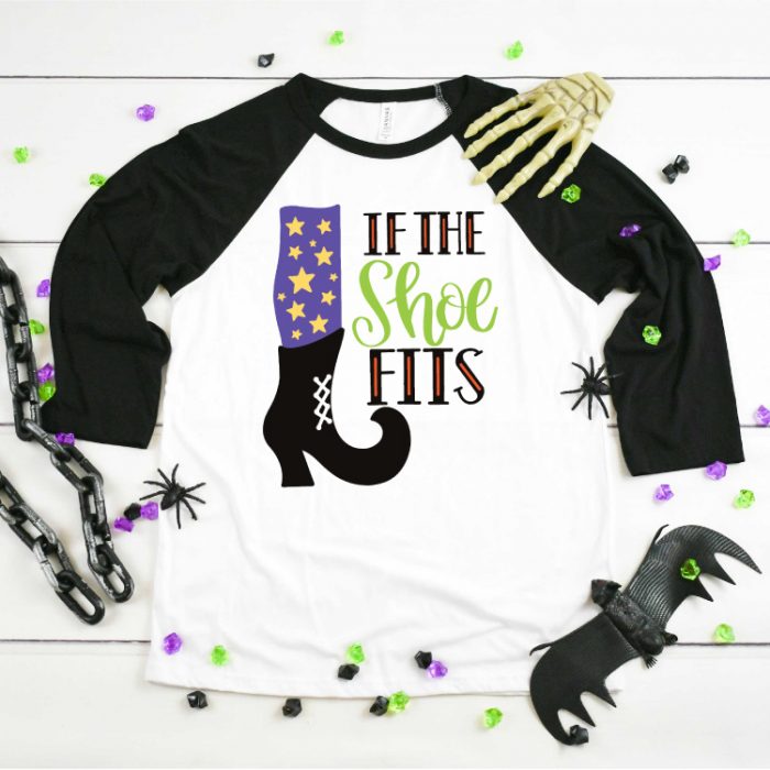 Black & White Raglan with Halloween design "If the Shoe Fits" with Iron on and holiday decor around shirt