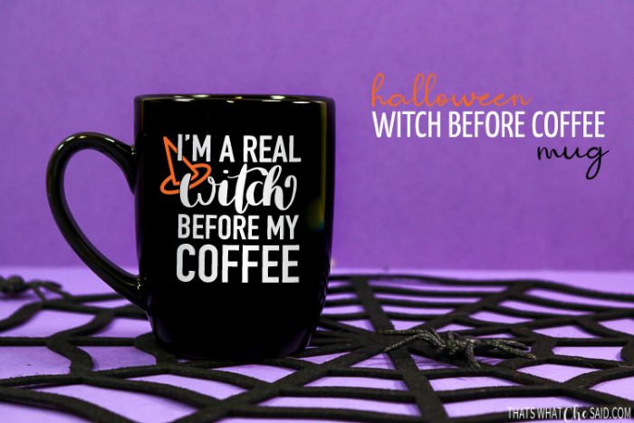 Black Halloween coffee mug with Witch before Coffee saying on front