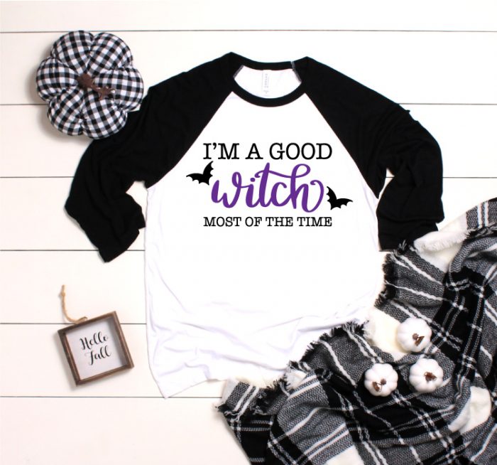 White and Black Raglan T-Shirt with "I'm A Good Witch Most of the Time" Iron on Design