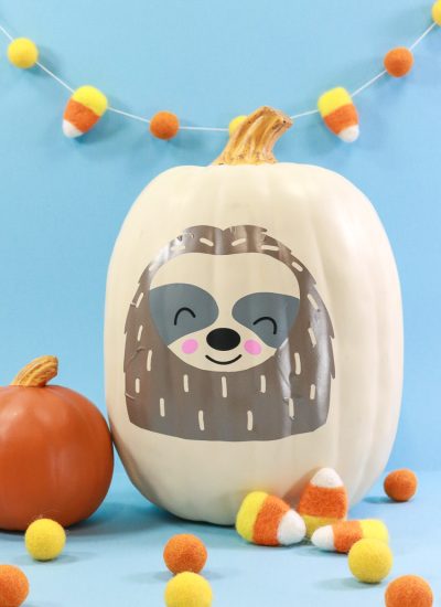 White Faux Pumpkin with Sloth SVG in vinyl