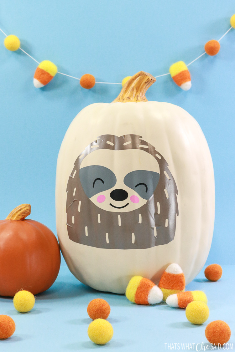 White Faux Pumpkin with Sloth SVG in vinyl