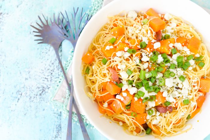 Bowl of Pasta with Butternut Squash, Bacon and Blue Cheese