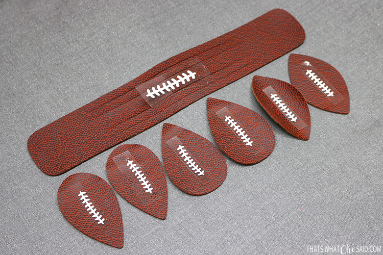 DIY Leather Football Earrings and Bracelet getting ready to have the iron on laces applied