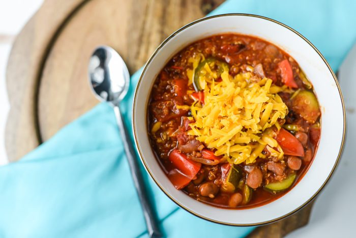 Bowl of Vegetarian chili with cheese made in the instant pot