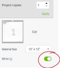 Cricut Design Space screenshot of where to MIRROR your iron on vinyl