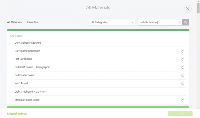 Snapshot of custom material choices