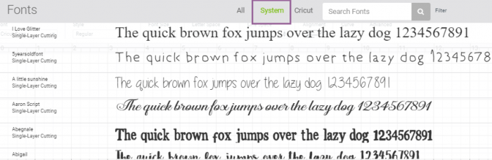 Showing where to select system fonts in Cricut Design Space