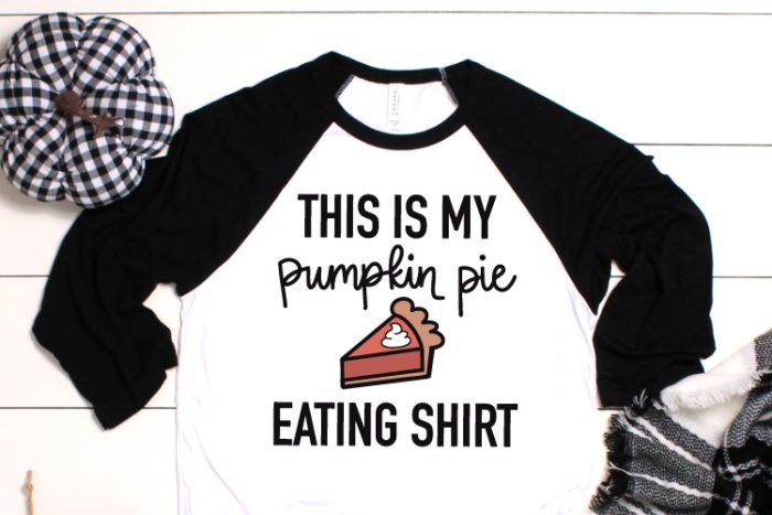 raglan t-shirt with "This is my pumpkin pie eating shirt" phrase in iron-on