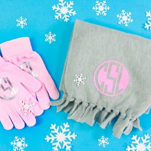 Gloves and DIY Fleece Scarf with Iron-on Monogram Personalized for gift Giving