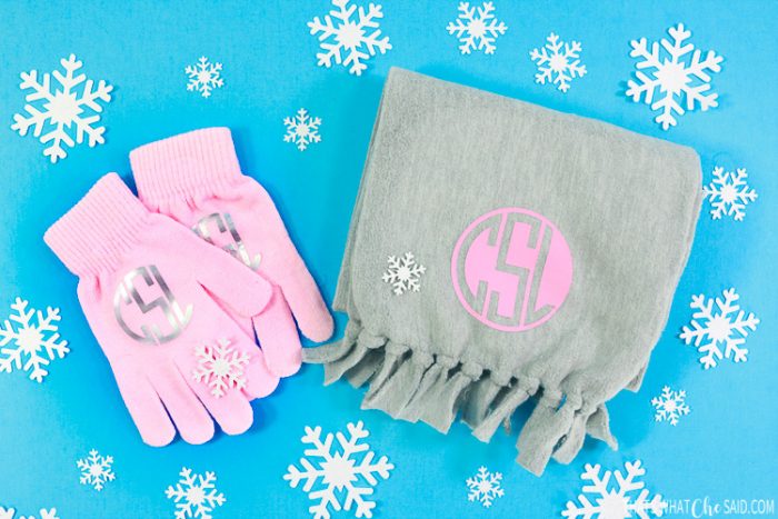 Gloves and DIY Fleece Scarf with Iron-on Monogram Personalized for gift Giving