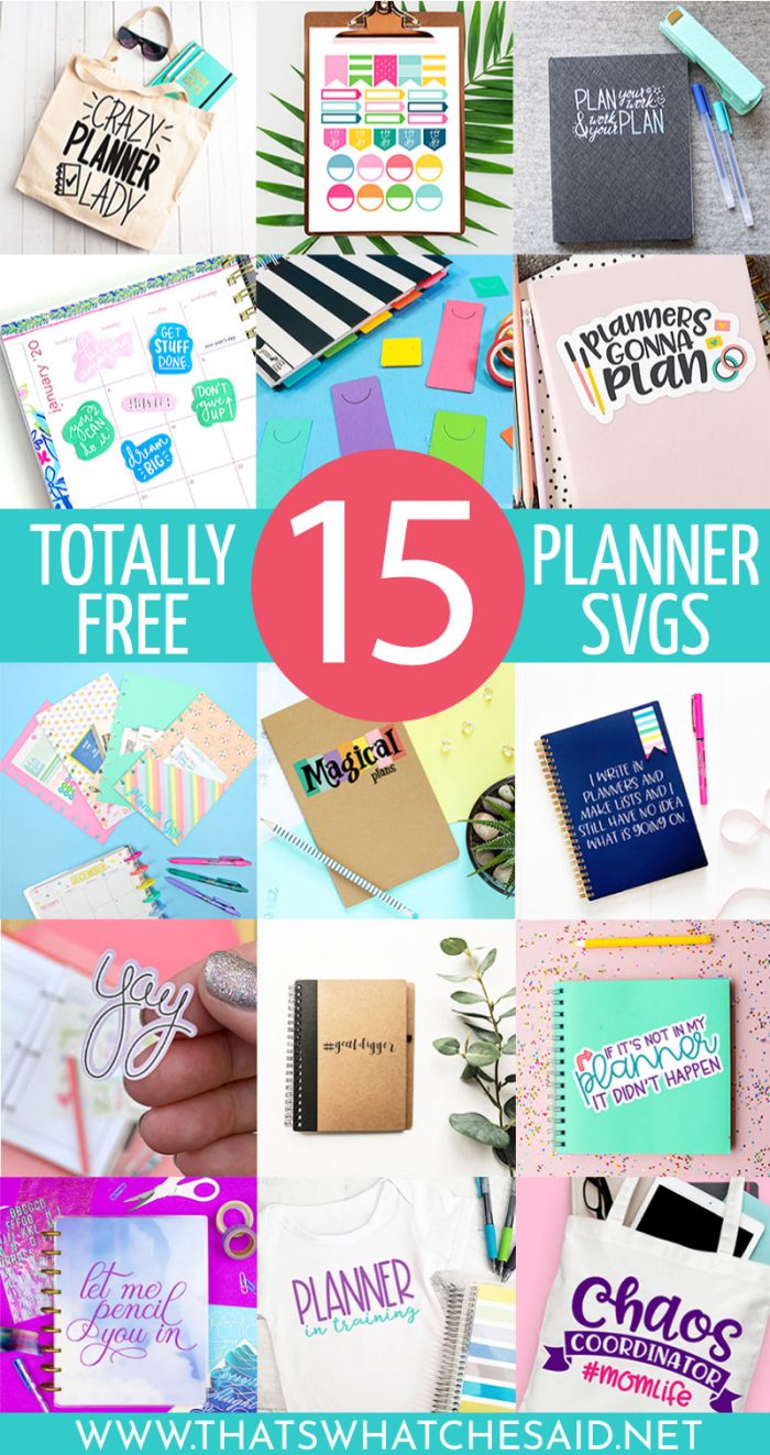 Vertical Pin collage of 15 of the best free planner svg and planner sticker files