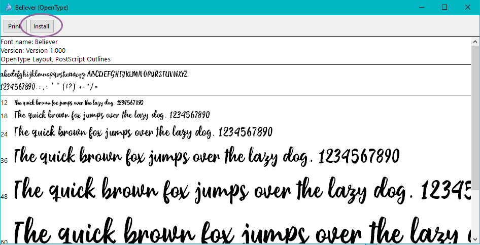 Screenshot of Install button to install fonts to your computer
