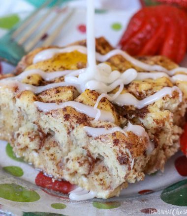 Cinnamon Roll French Toast Bake Close up with Icing being drizzled