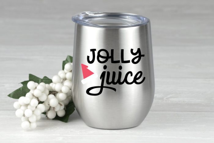 Silver Wine Tumbler with "Jolly Juice" Holiday SVG applied in adhesive vinyl