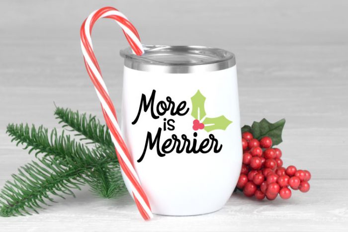 White Wine Tumblers with More is Merrier in red, green and black adhesive vinyl