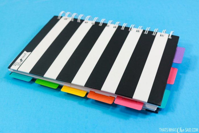 Black and White Striped notebook with DIY Planner Tabs and Bookmarks to make it easy to use as a planner