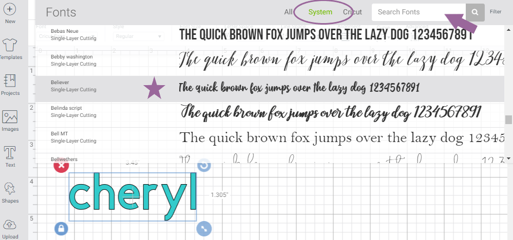 Screenshot showing where to filter or search for fonts in cricut design space