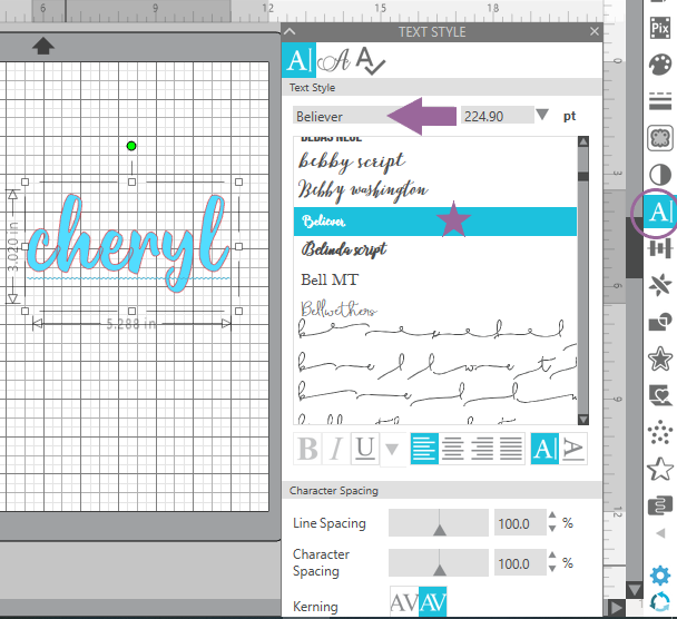 Screenshot of Silhouette Studio showing how to select fonts downloaded to your computer