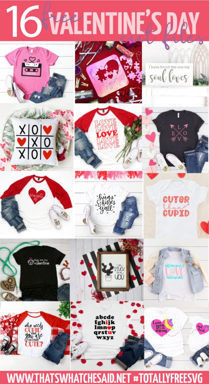 Collage of 16 Valentine's Day SVG Cut Files on finished projects for free from totallyfreesvg bloggers