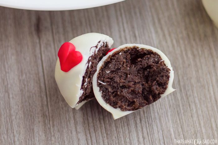 Close up of Oreo Truffle cut in half.