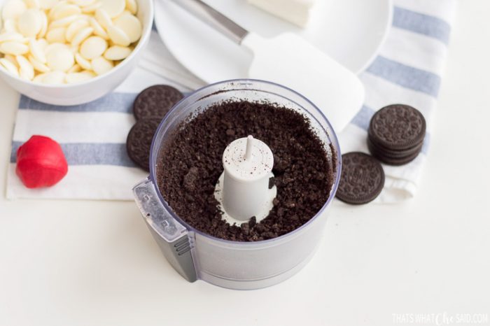 Mini chopper food processor with chopped up oreo cookies