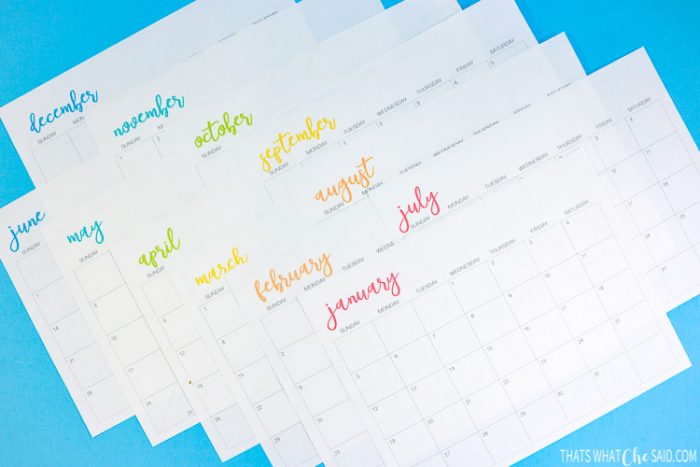 Free Printable Calendar with Rainbow colored months.  